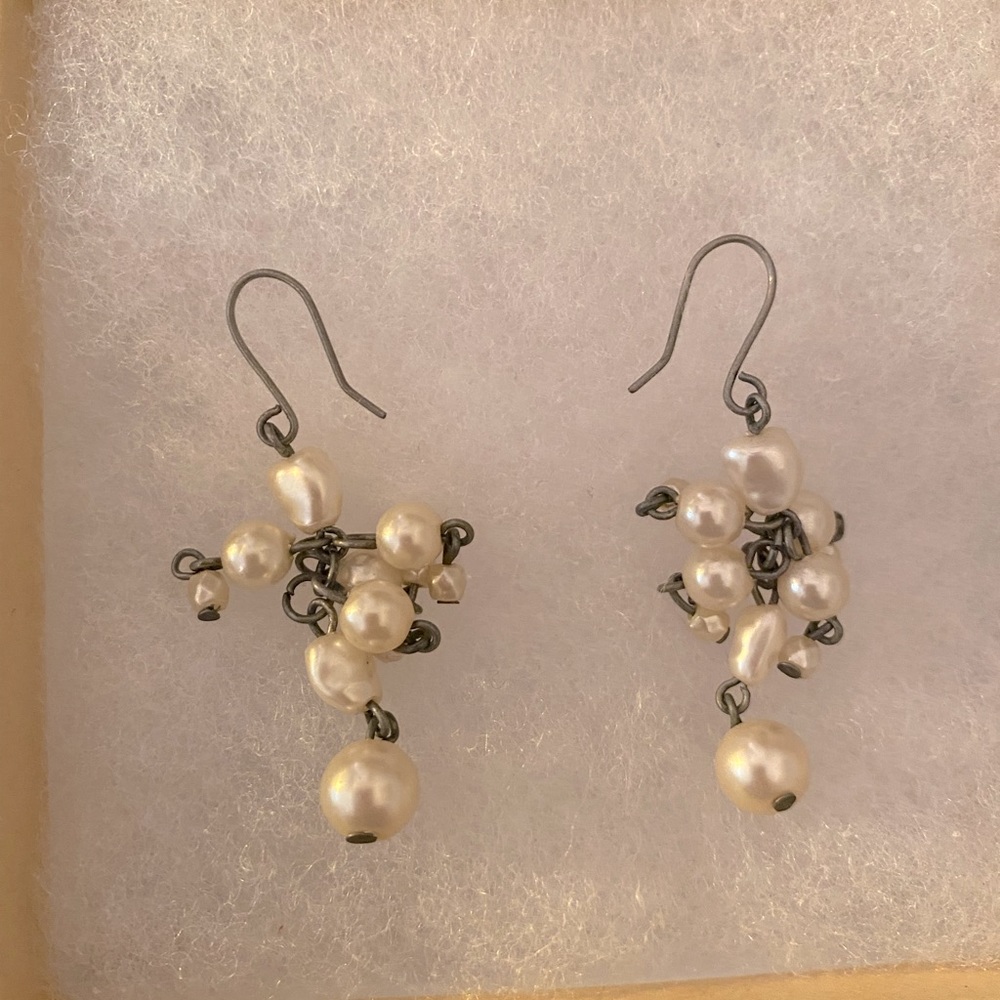 White pearl drop/dangle earrings, 1.5” drop, similar to current J Crew styles
